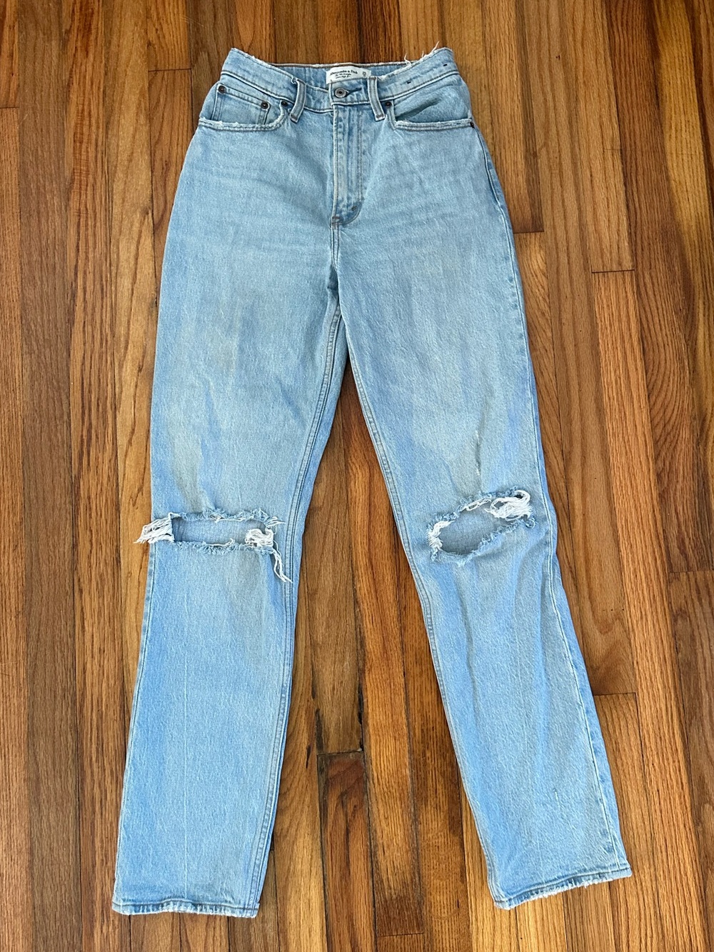 Abercrombie & Fitch Light Blue High-Rise Straight Jeans with Knee Rips